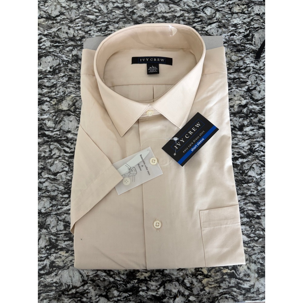 Ivy Crew Mens Short Sleeve Dress Shirt Sand Beige Easy Care Size L 16-16.5 NWT